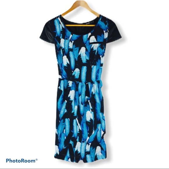 KENSIE Falling Leaves Dress Fall Blue Black Multi Feather Print Cap Sleeve 10 - Picture 3 of 12